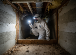 Termite inspection being performed inside crawlspace under home