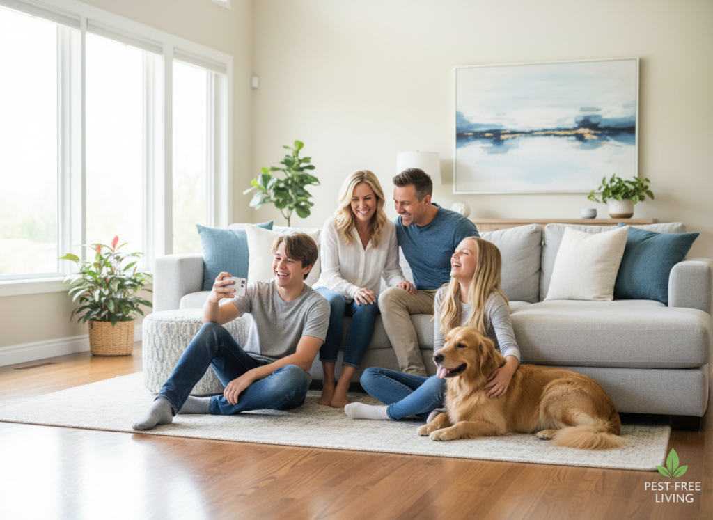 Family relaxing in a pest-free living room with Backyard Pest Control van outside