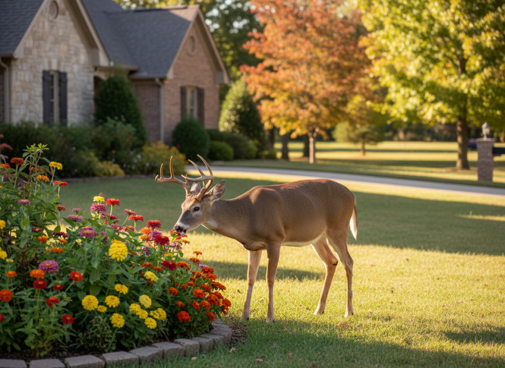 White-tailed deer eating flowers in residential yard