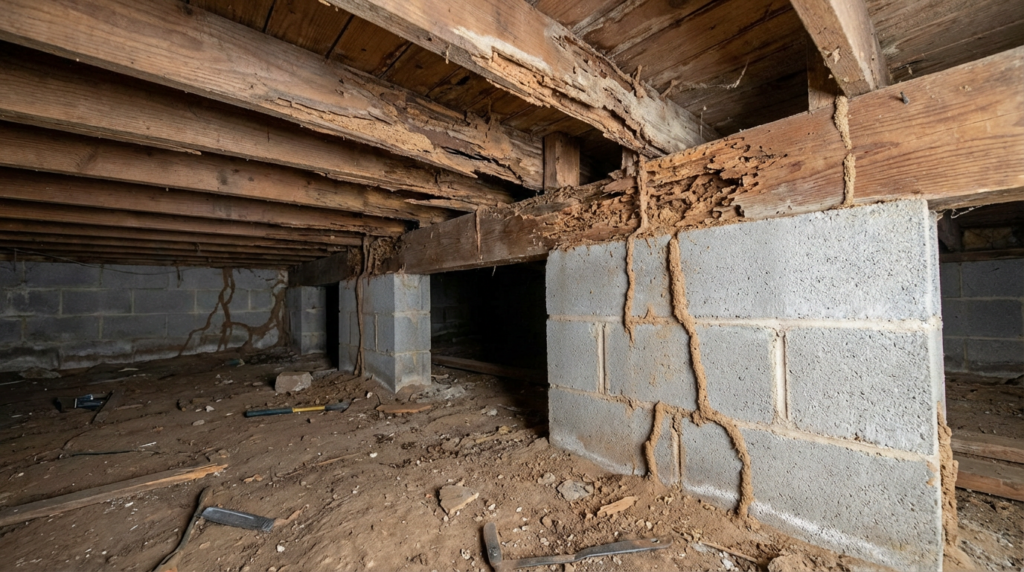 Severe termite damage on wooden beams with visible termite tunnels