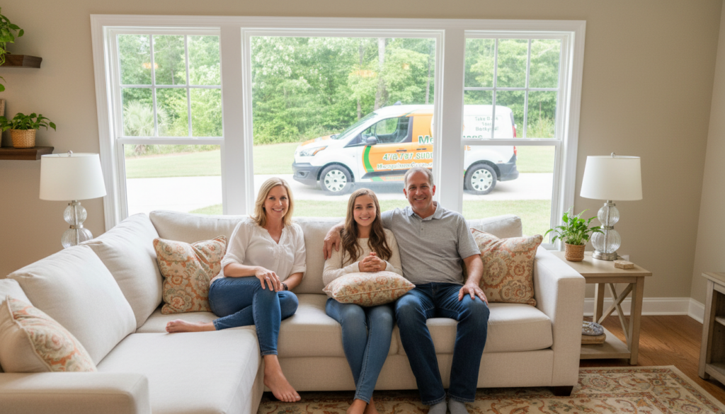Family relaxing in a pest-free living room with Backyard Pest Control van outside