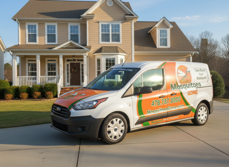 Backyard Pest Control service van parked at suburban home during residential pest treatment