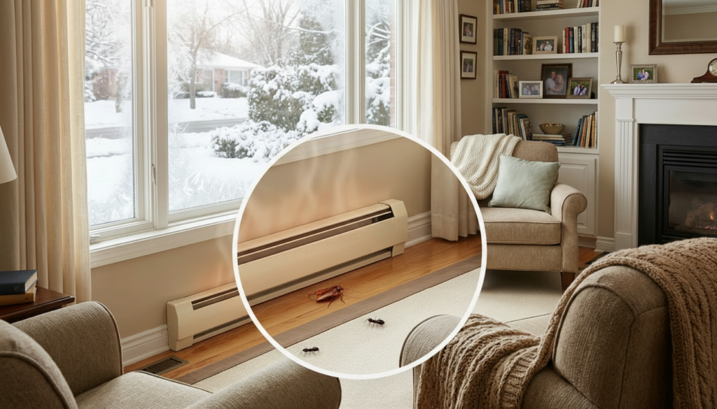 Ants and roach near baseboard inside a home during winter pest season in Georgia