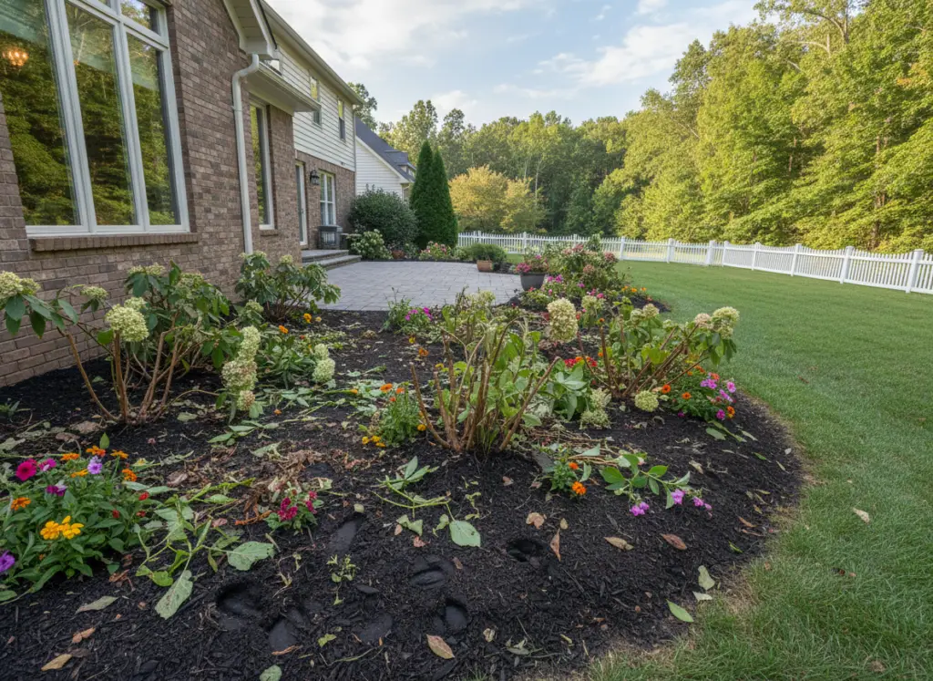 Deer and wildlife damage to backyard bushes and flower bed