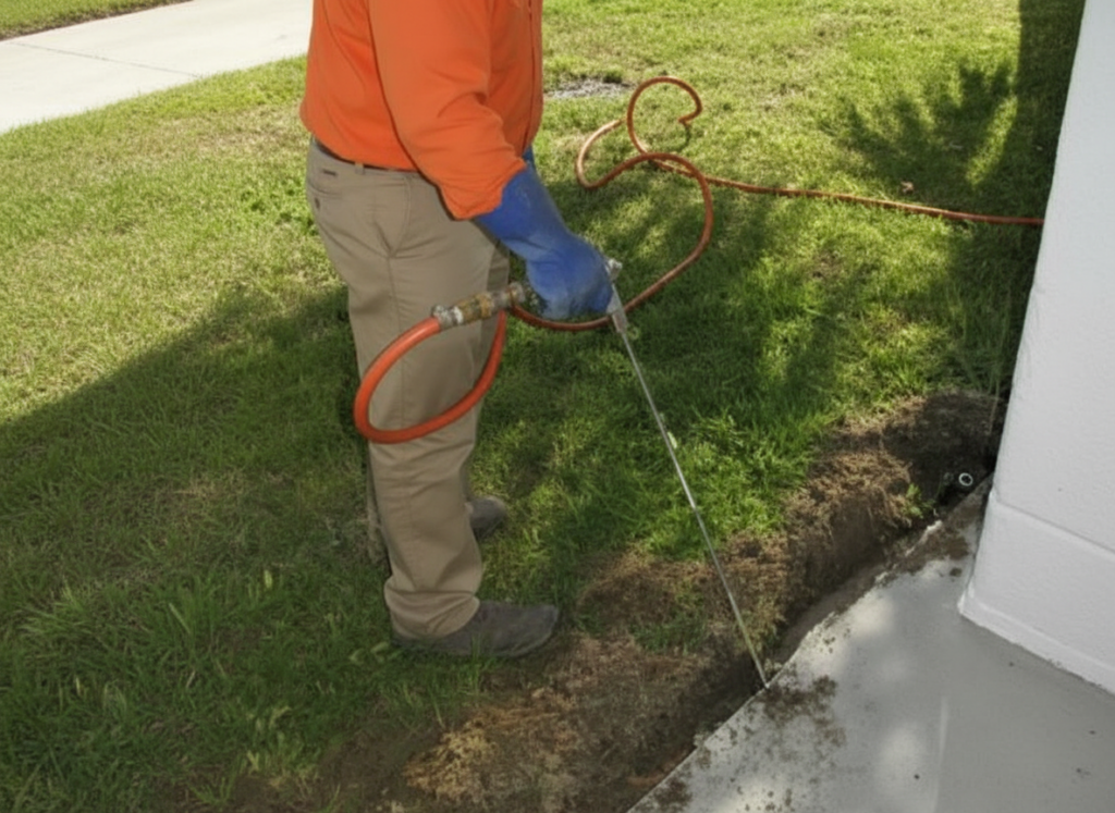 Pest control technician applying outdoor treatment along flower bed foundation