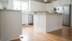 Sunlit modern kitchen with white cabinets, kitchen island, stainless steel refrigerator, and hardwood floors, showing a cockroach on the floor near the cabinet base.