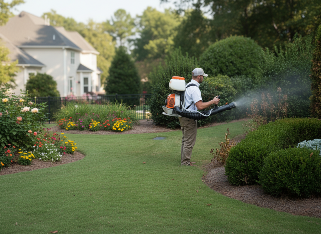 Pest control technician performing mosquito barrier spray in a residential backyard in Middle Georgia