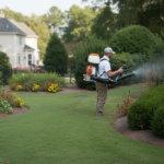 Pest control technician performing mosquito barrier spray in a residential backyard in Middle Georgia